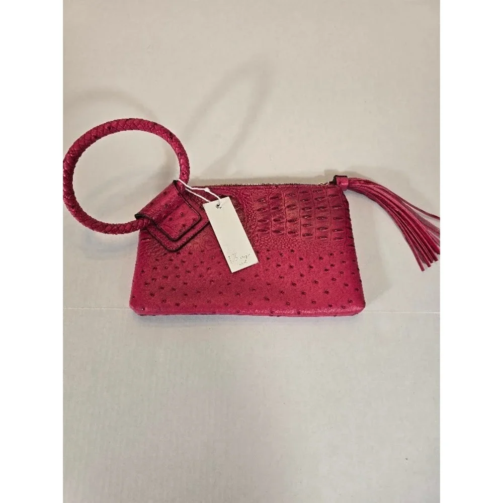 NWT‎ Virago Collection Hot Pink Clutch Wristlet Bag Faux Ostrich Croc Tassel